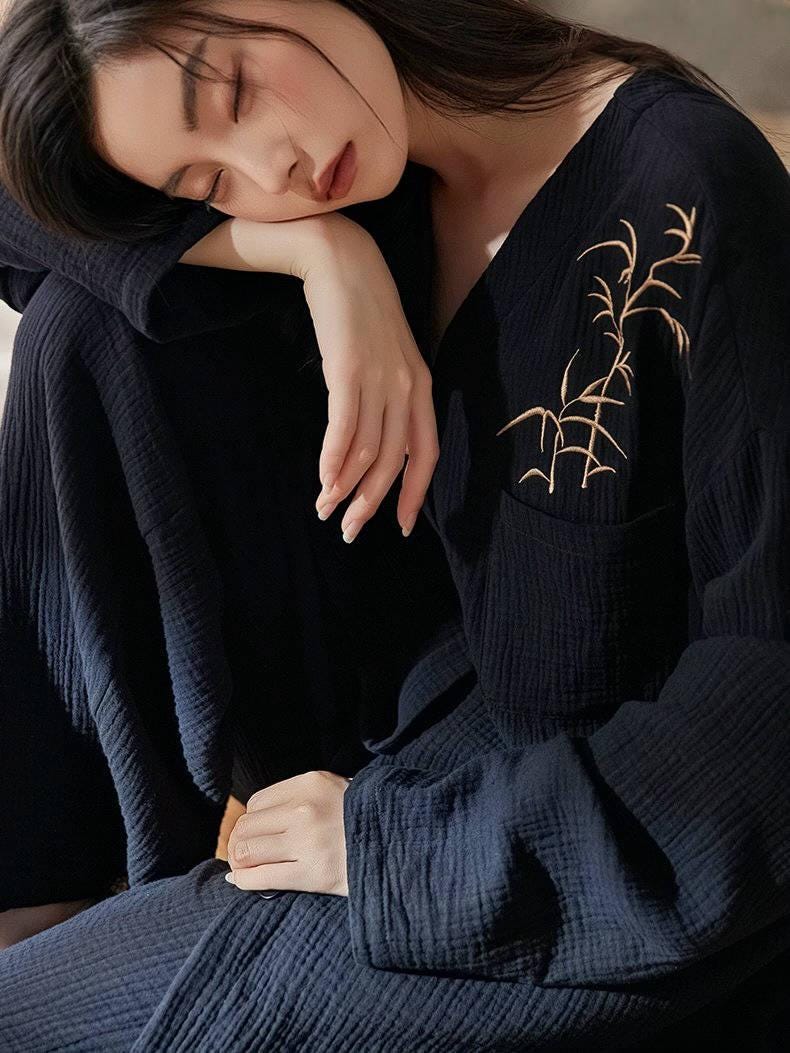 Kimono Style Cotton Loungewear Set – Bamboo Embroidered Gauze Pajamas for Women, Soft 2-Piece Sleepwear, Zen Pyjamas, Meditation Outfit