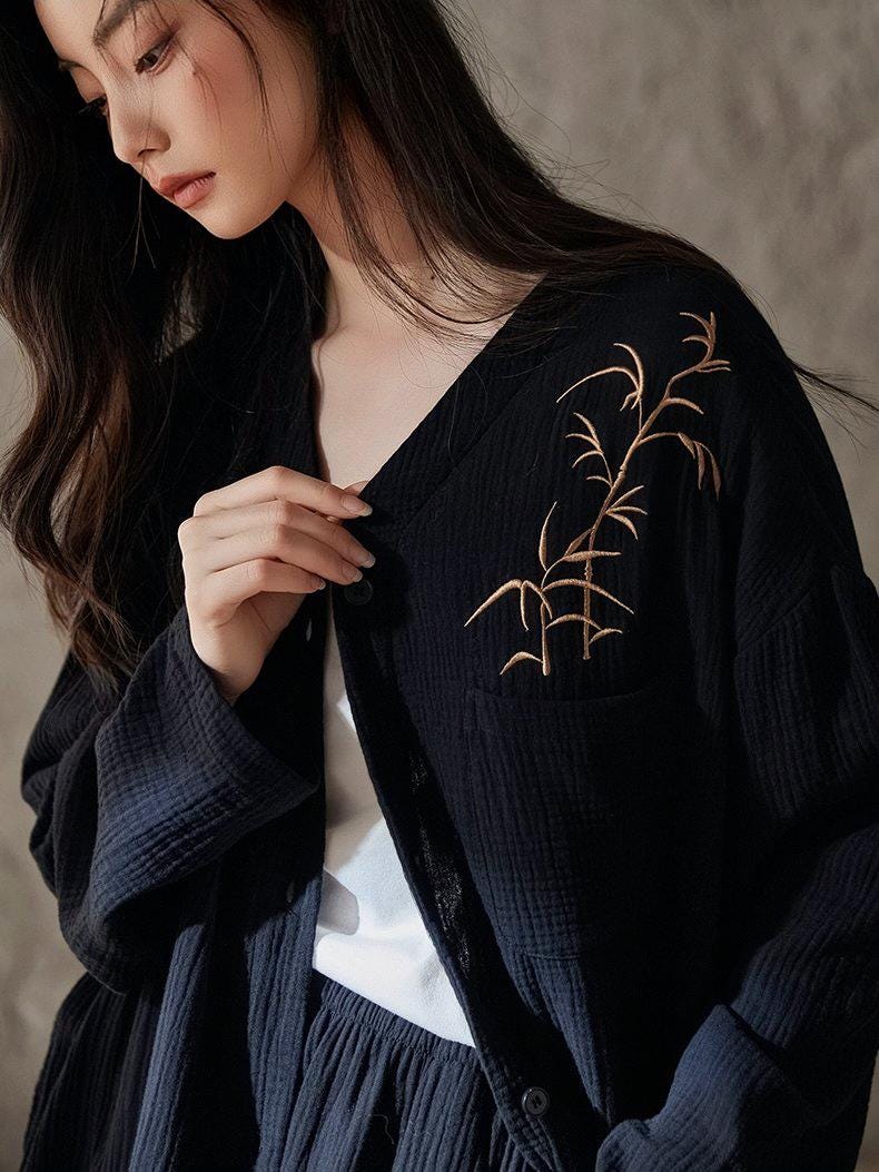 Kimono Style Cotton Loungewear Set – Bamboo Embroidered Gauze Pajamas for Women, Soft 2-Piece Sleepwear, Zen Pyjamas, Meditation Outfit