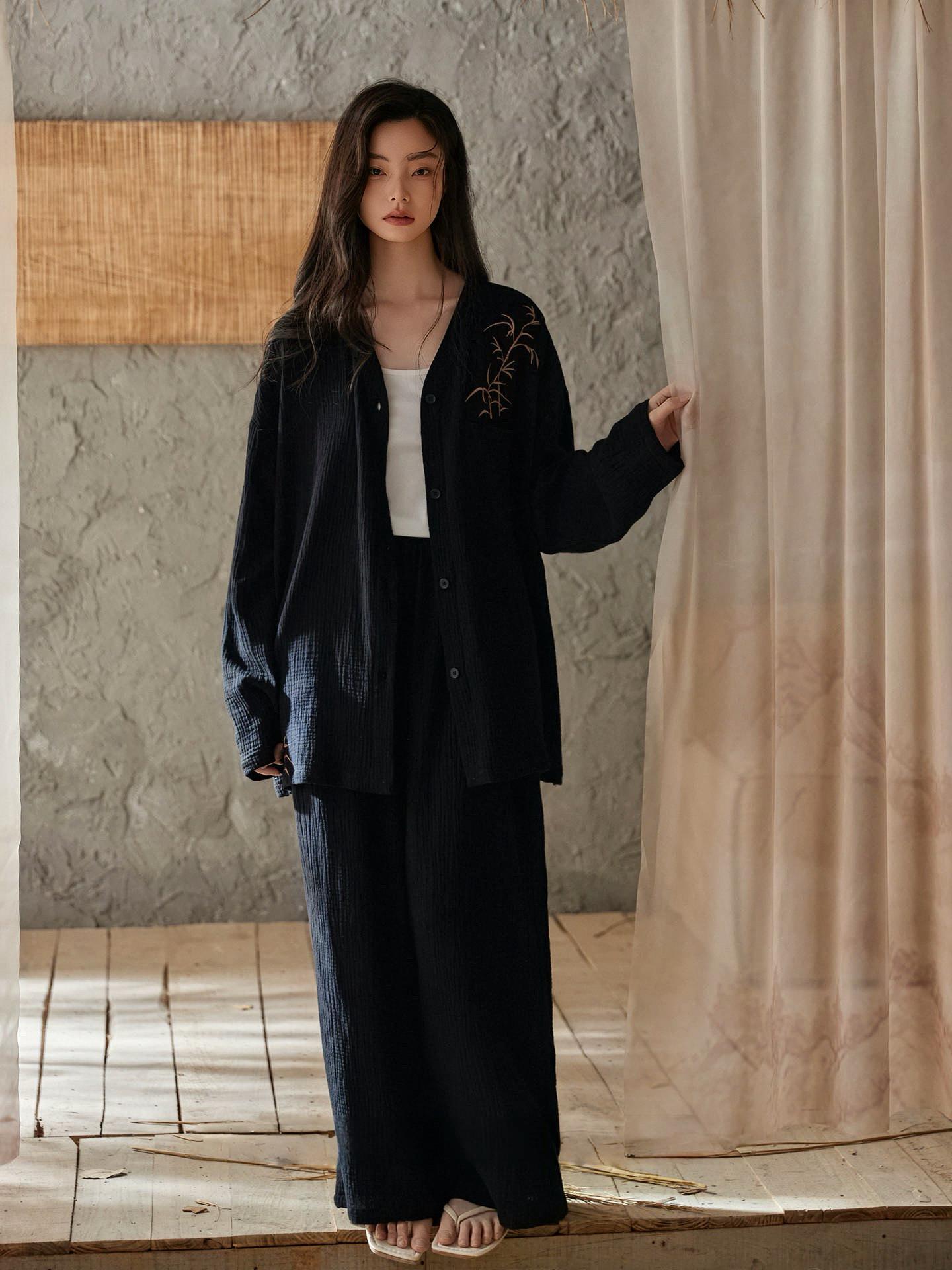 Kimono Style Cotton Loungewear Set – Bamboo Embroidered Gauze Pajamas for Women, Soft 2-Piece Sleepwear, Zen Pyjamas, Meditation Outfit