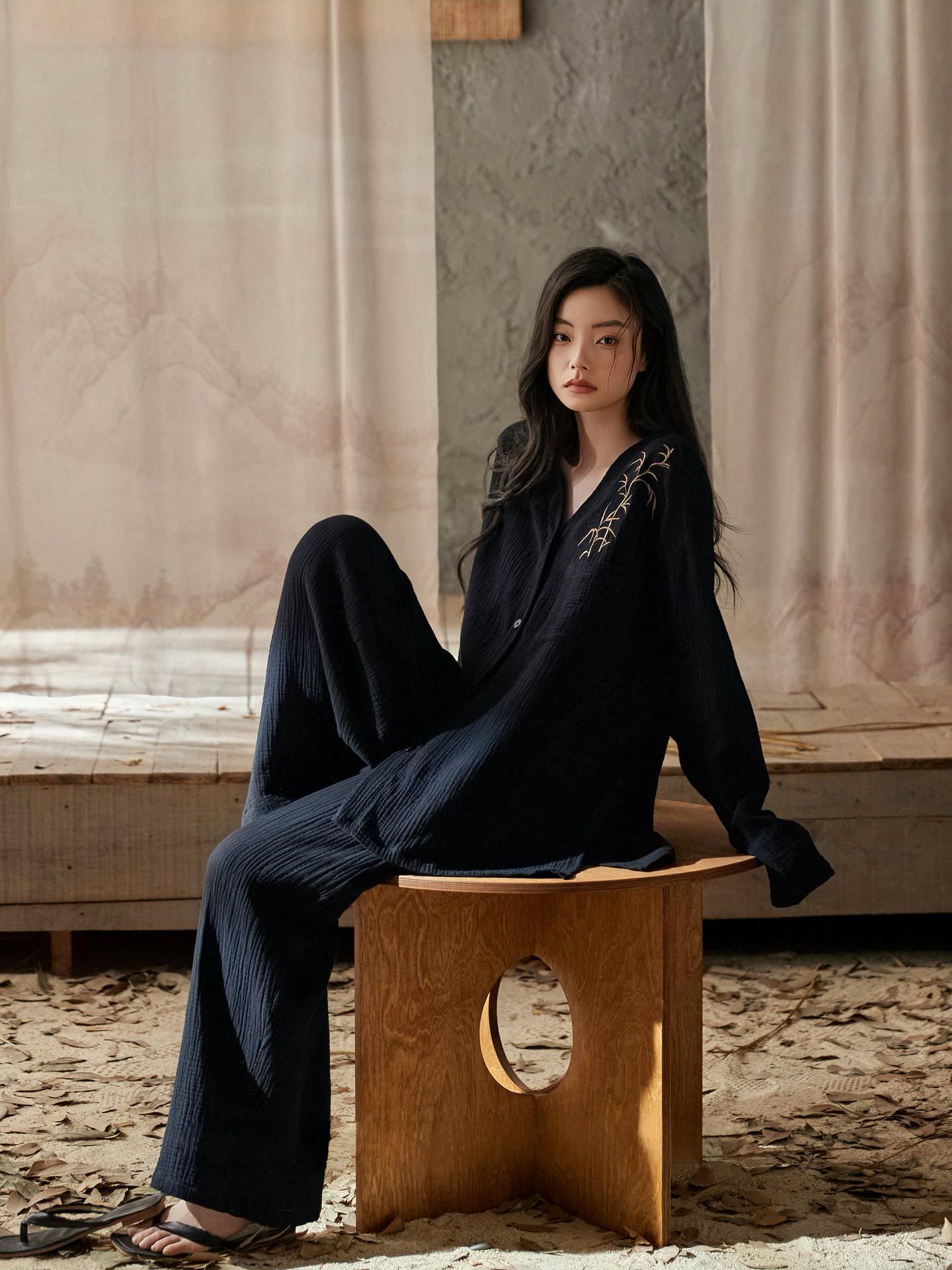 Kimono Style Cotton Loungewear Set – Bamboo Embroidered Gauze Pajamas for Women, Soft 2-Piece Sleepwear, Zen Pyjamas, Meditation Outfit