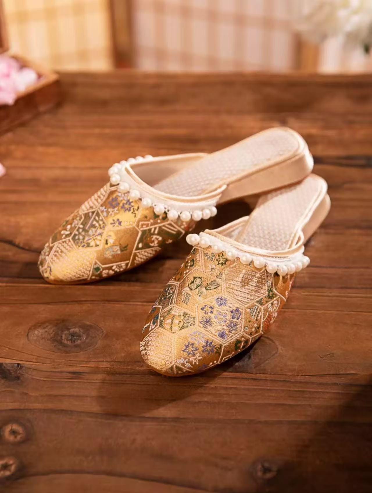 Brocade Mules: Embroidered Qipao Slippers with Pearl Trim