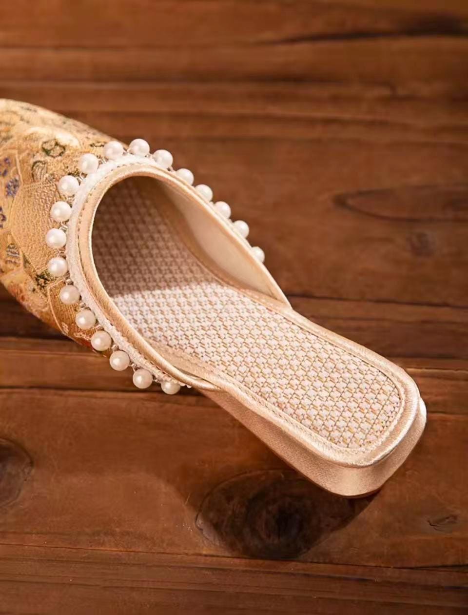 Brocade Mules: Embroidered Qipao Slippers with Pearl Trim