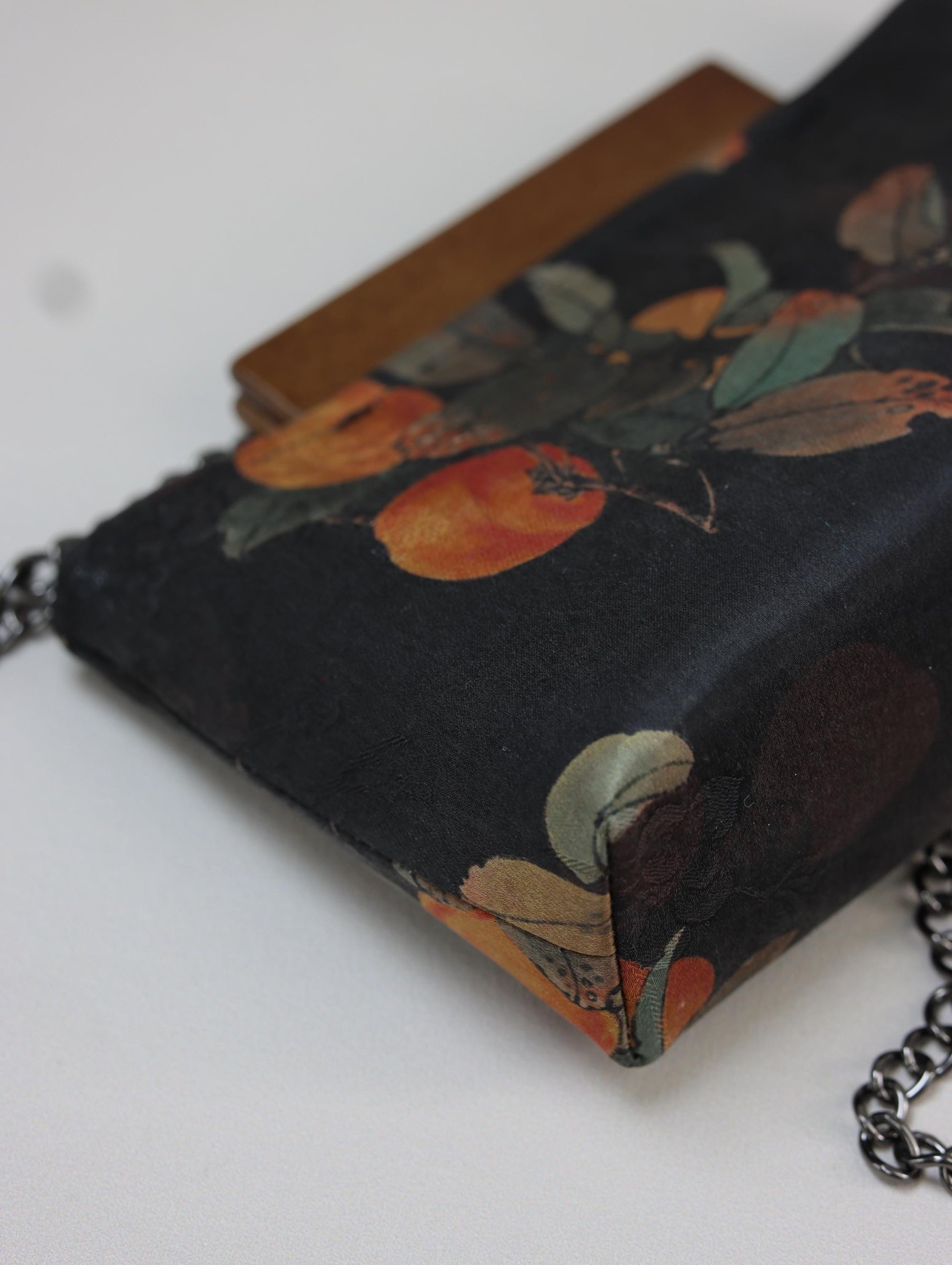 Handmade Silk Handbag with Wooden Clasp | Natural Dyed Xiangyun Silk Persimmon Print Crossbody | Oriental Heritage Evening Purse