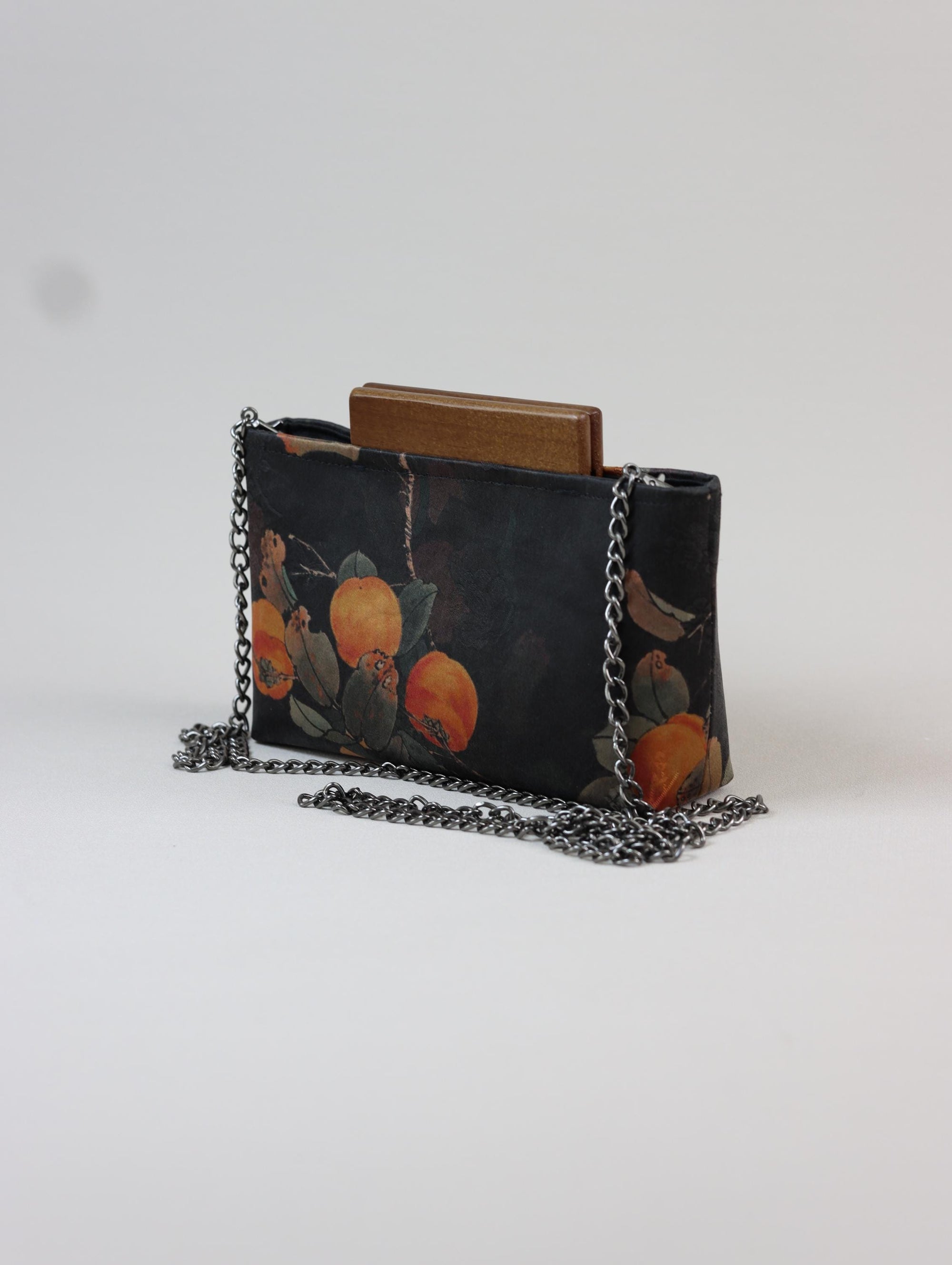 Handmade Silk Handbag with Wooden Clasp | Natural Dyed Xiangyun Silk Persimmon Print Crossbody | Oriental Heritage Evening Purse