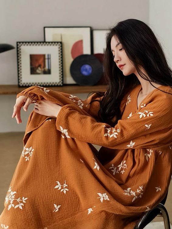 Women's Muslin Cotton Pajamas Dress – Orange Embroidered Loungewear, Button Front Sleep Dress, Relaxed Fit Nightgown, Maternity Dress