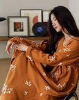 Women's Muslin Cotton Pajamas Dress – Orange Embroidered Loungewear, Button Front Sleep Dress, Relaxed Fit Nightgown, Maternity Dress