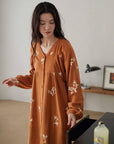Women's Muslin Cotton Pajamas Dress – Orange Embroidered Loungewear, Button Front Sleep Dress, Relaxed Fit Nightgown, Maternity Dress