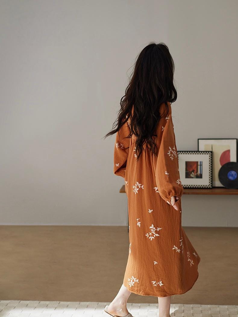 Women's Muslin Cotton Pajamas Dress – Orange Embroidered Loungewear, Button Front Sleep Dress, Relaxed Fit Nightgown, Maternity Dress