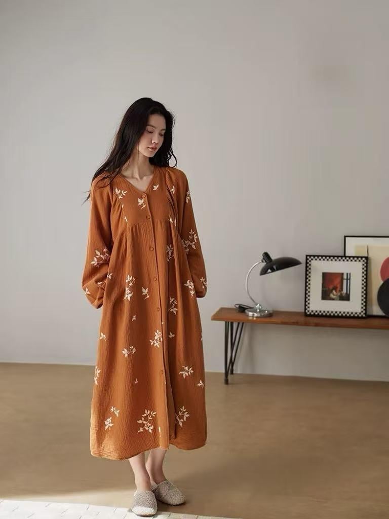 Women's Muslin Cotton Pajamas Dress – Orange Embroidered Loungewear, Button Front Sleep Dress, Relaxed Fit Nightgown, Maternity Dress