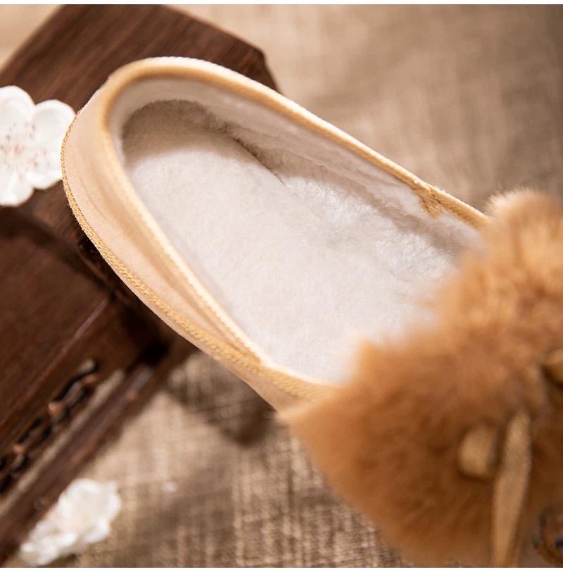 Embroidered Fur Mule Slippers for Women – Oriental Winter House Shoes, Warm Indoor Slippers, Soft Cotton Loafers, Gift for Her