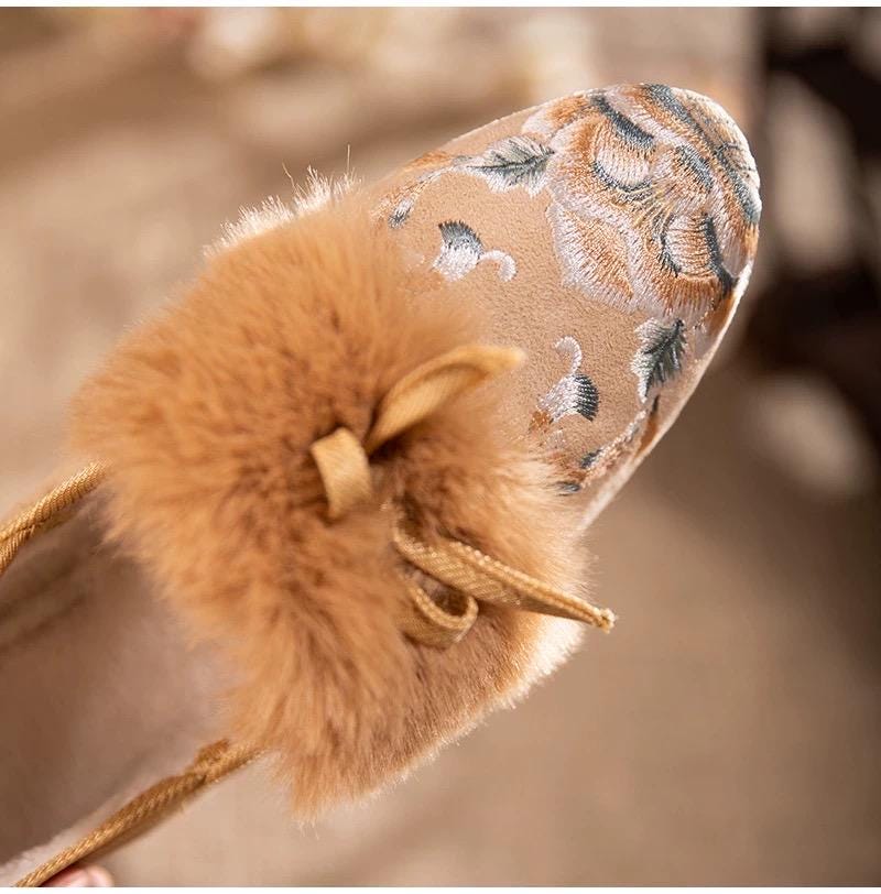 Embroidered Fur Mule Slippers for Women – Oriental Winter House Shoes, Warm Indoor Slippers, Soft Cotton Loafers, Gift for Her