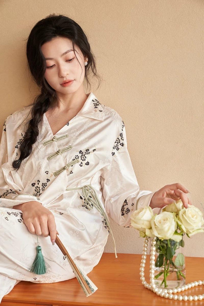 Silk Blend Japanese Kimono Wrap Pyjama Set | Oriental Floral Sleepwear | Frog Button Loungewear | Elegant Christmas Gift for Women