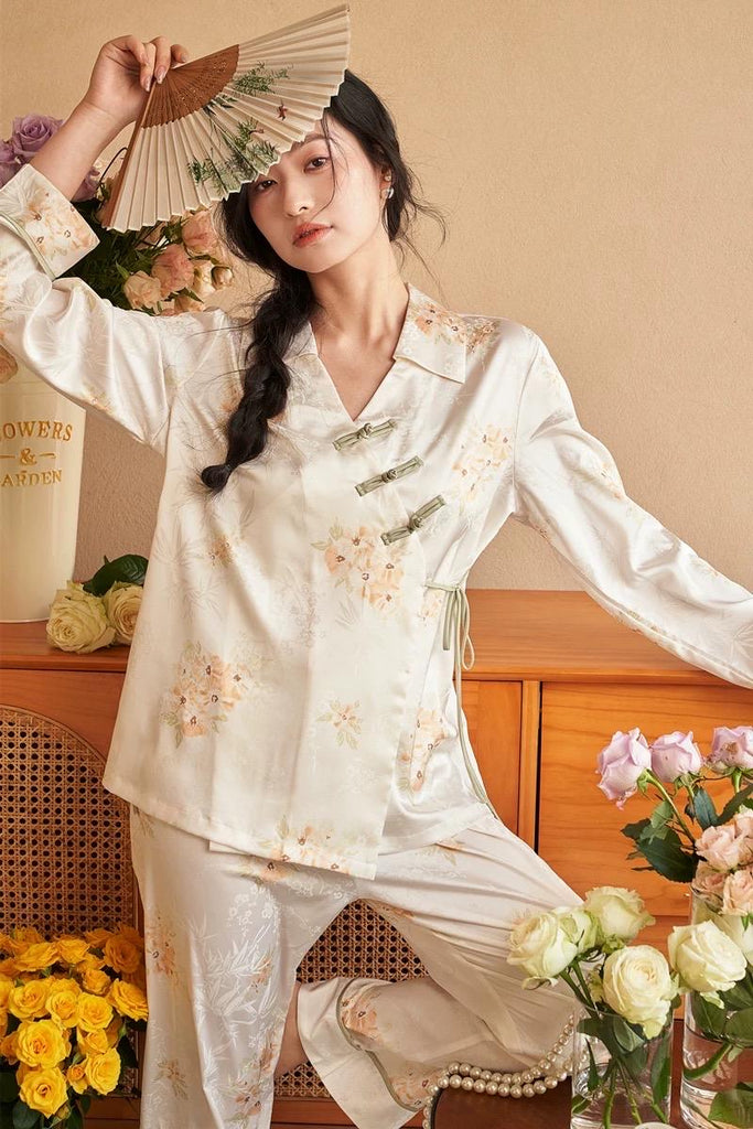 Silk Blend Japanese Kimono Wrap Pyjama Set | Oriental Floral Sleepwear | Frog Button Loungewear | Elegant Christmas Gift for Women
