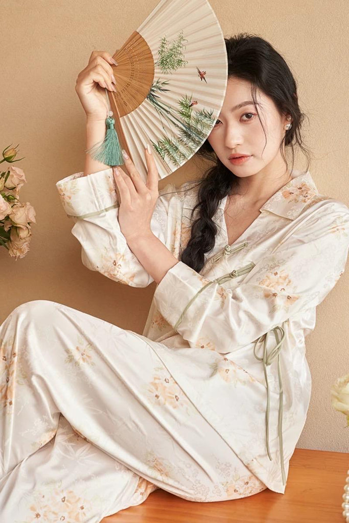 Silk Blend Japanese Kimono Wrap Pyjama Set | Oriental Floral Sleepwear | Frog Button Loungewear | Elegant Christmas Gift for Women