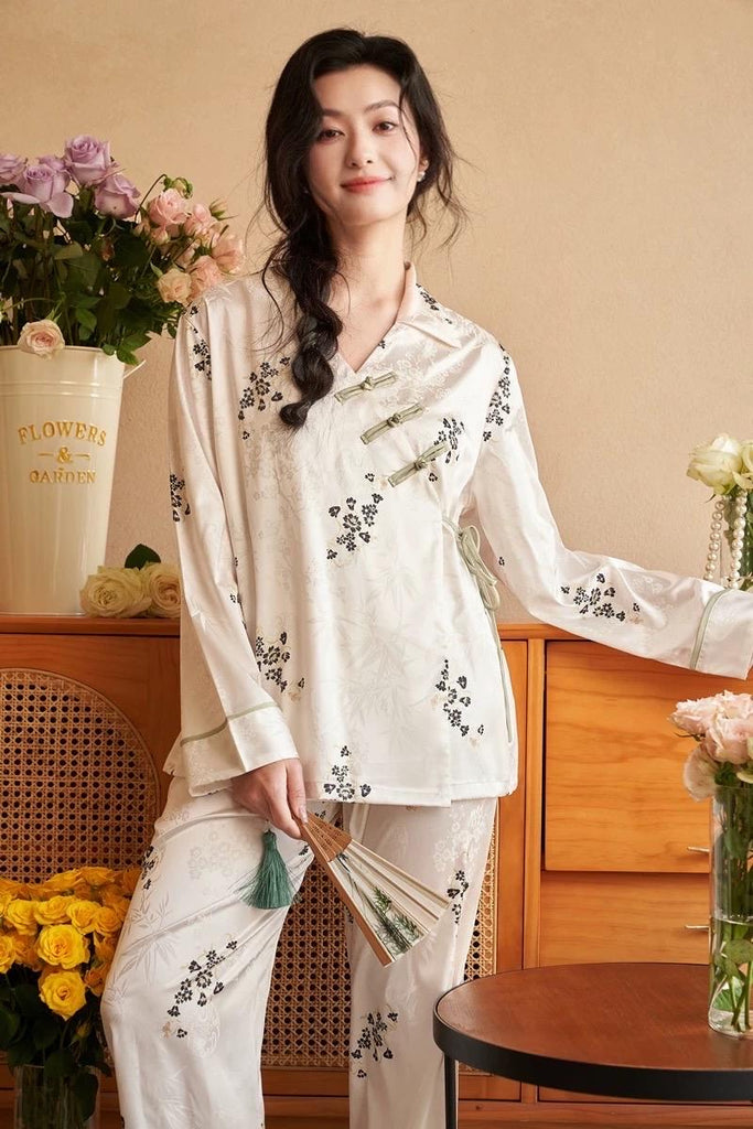 Silk Blend Japanese Kimono Wrap Pyjama Set | Oriental Floral Sleepwear | Frog Button Loungewear | Elegant Christmas Gift for Women