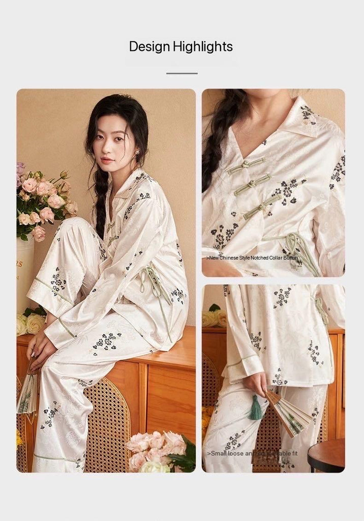 Silk Blend Japanese Kimono Wrap Pyjama Set | Oriental Floral Sleepwear | Frog Button Loungewear | Elegant Christmas Gift for Women