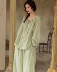 Bamboo Cotton Embroidered Pajama Set: Boho Women Sleepwear，Loungwear