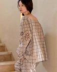 Bamboo Cotton Pajama Set for Women | Embroidered Loungewear | Soft Plaid Sleepwear with Pockets