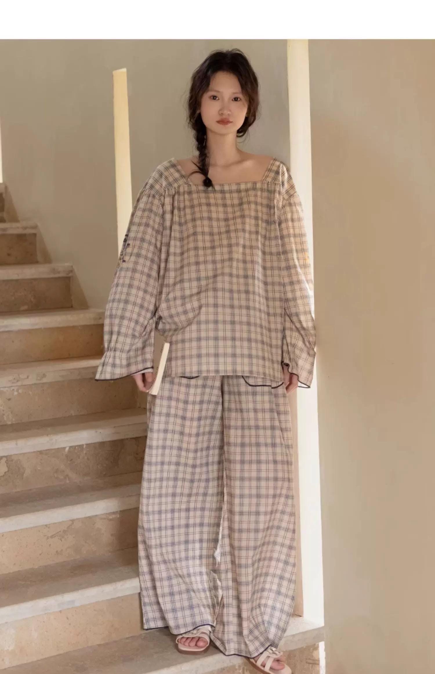 Bamboo Cotton Pajama Set for Women | Embroidered Loungewear | Soft Plaid Sleepwear with Pockets