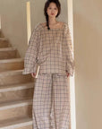 Bamboo Cotton Pajama Set for Women | Embroidered Loungewear | Soft Plaid Sleepwear with Pockets