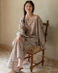 Bamboo Cotton Pajama Set for Women | Embroidered Loungewear | Soft Plaid Sleepwear with Pockets