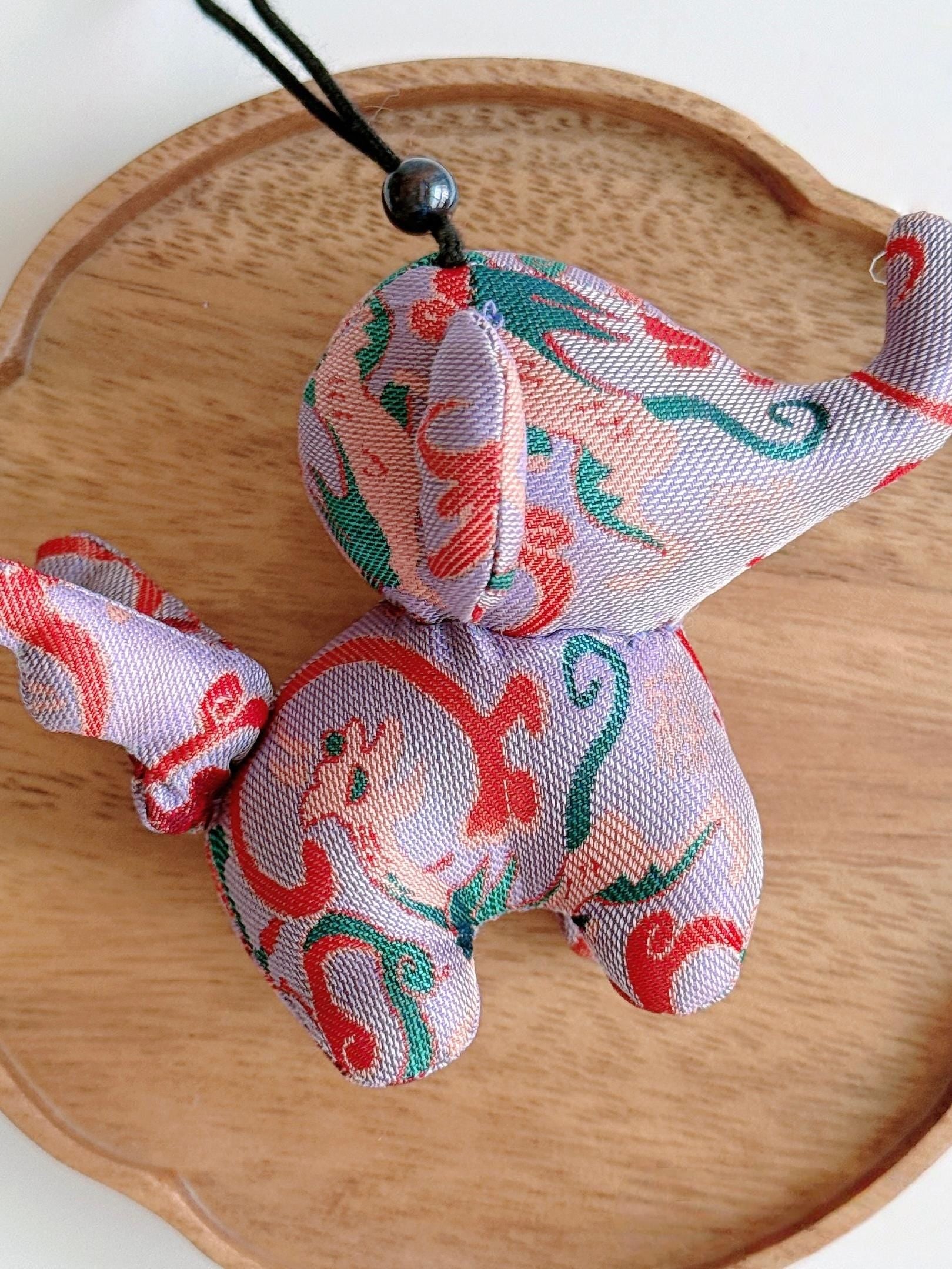Christmas Bag Charm – Silk Fabric Hanging Ornament for Christmas Stocking Filler, Lucky Elephant , Handmade Christmas Gifts