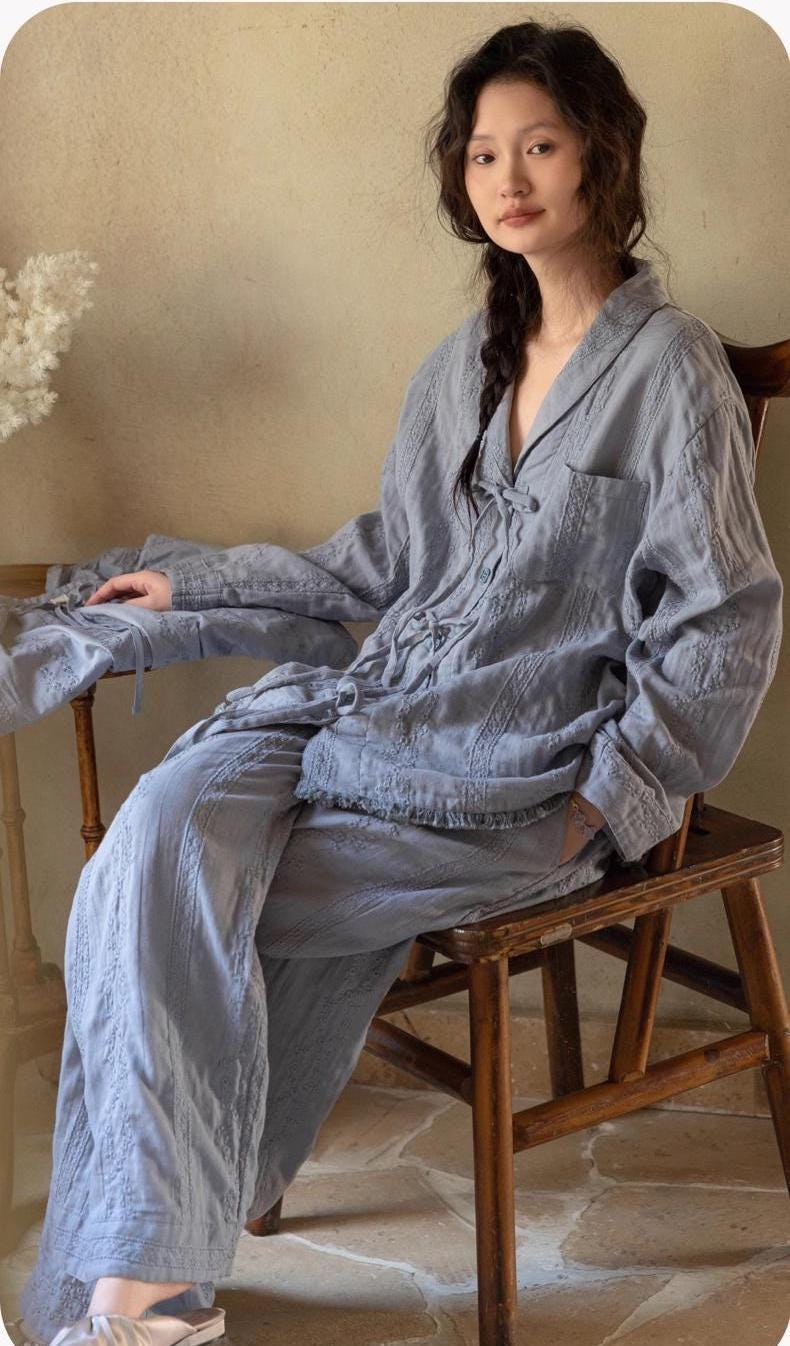 Gauze Cotton Loungewear Set: Breathable Linen-Look Pajamas