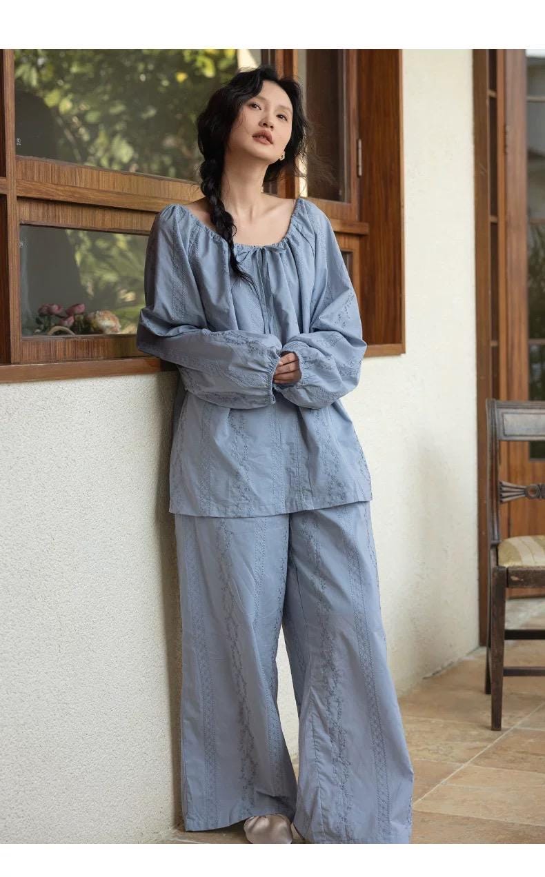 Bamboo Cotton Embroidered Pajama, Soft Breathable Loungewear, Oversized Fit Lounge Set, Sustainable Clothing, Gift Pack for Christmas