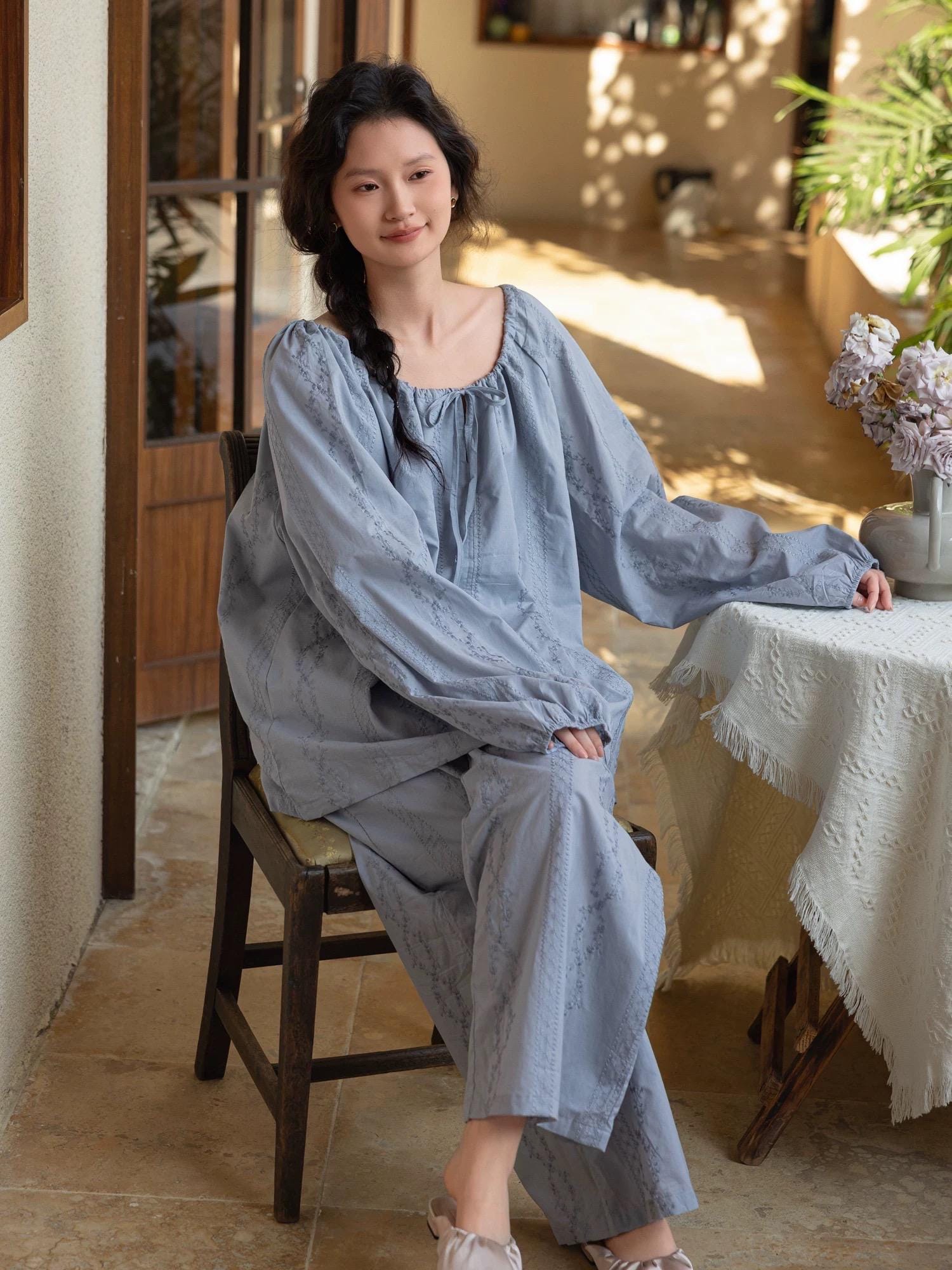 Bamboo Cotton Embroidered Pajama, Soft Breathable Loungewear, Oversized Fit Lounge Set, Sustainable Clothing, Gift Pack for Christmas