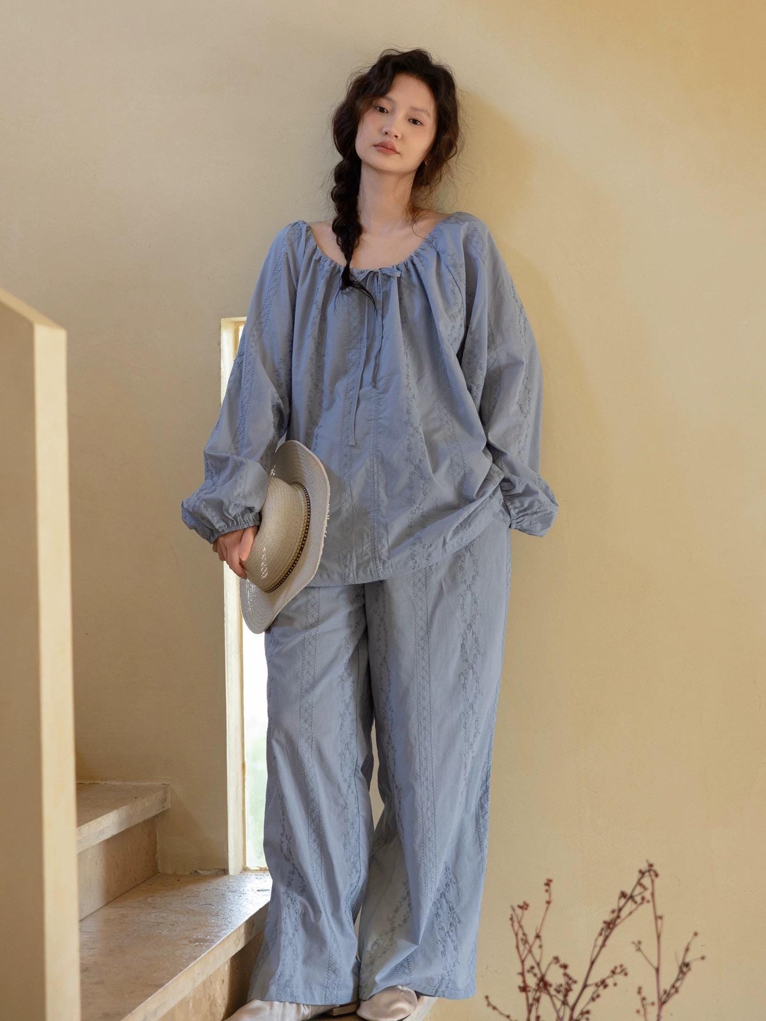Bamboo Cotton Embroidered Pajama, Soft Breathable Loungewear, Oversized Fit Lounge Set, Sustainable Clothing, Gift Pack for Christmas
