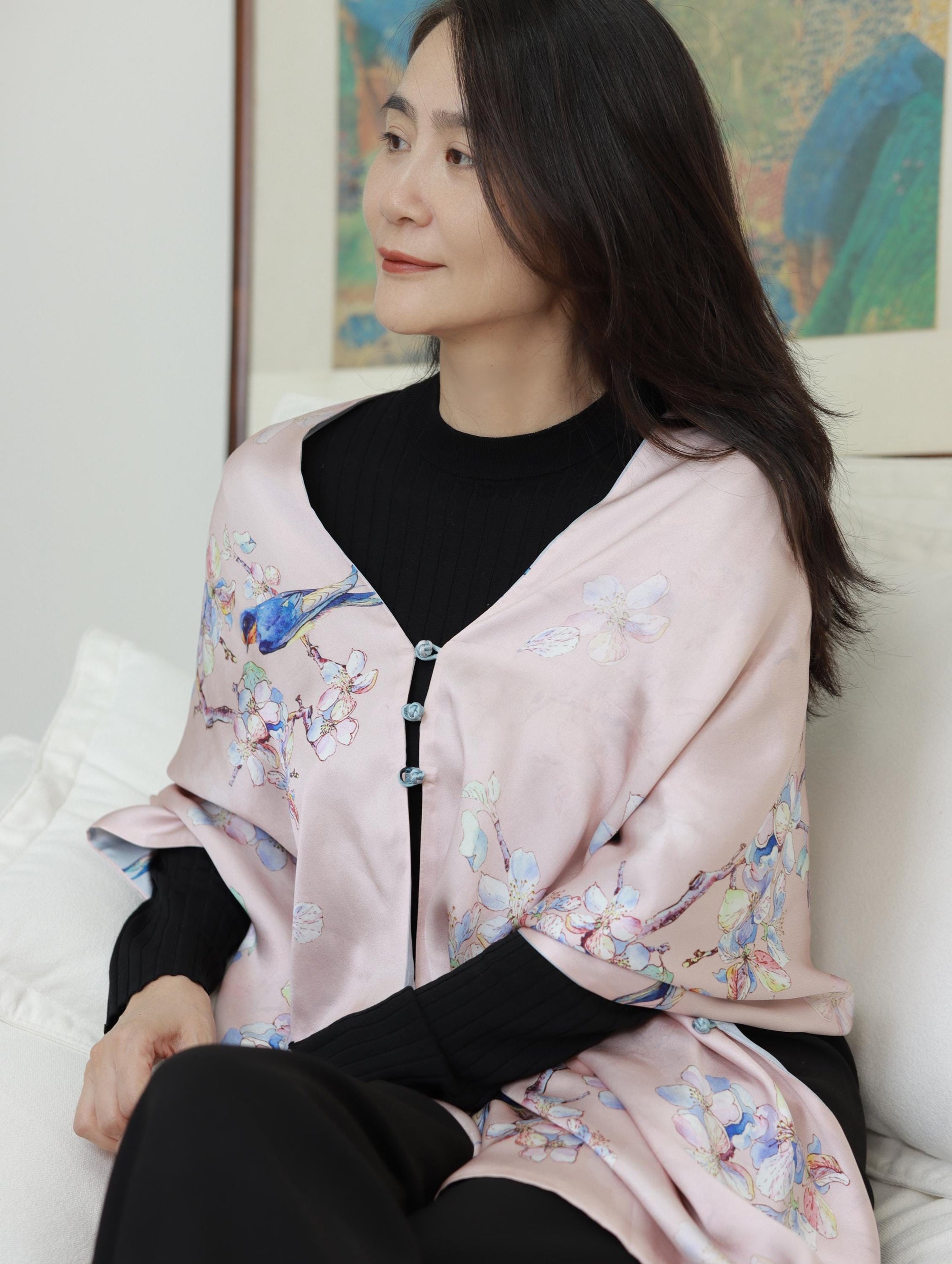 Reversible Mulberry Silk Scarf with Qipao Buttons – Double-Sided 6A Silk Wrap | Floral Bird Design Oriental Silk Shawl Hanfu Accessories