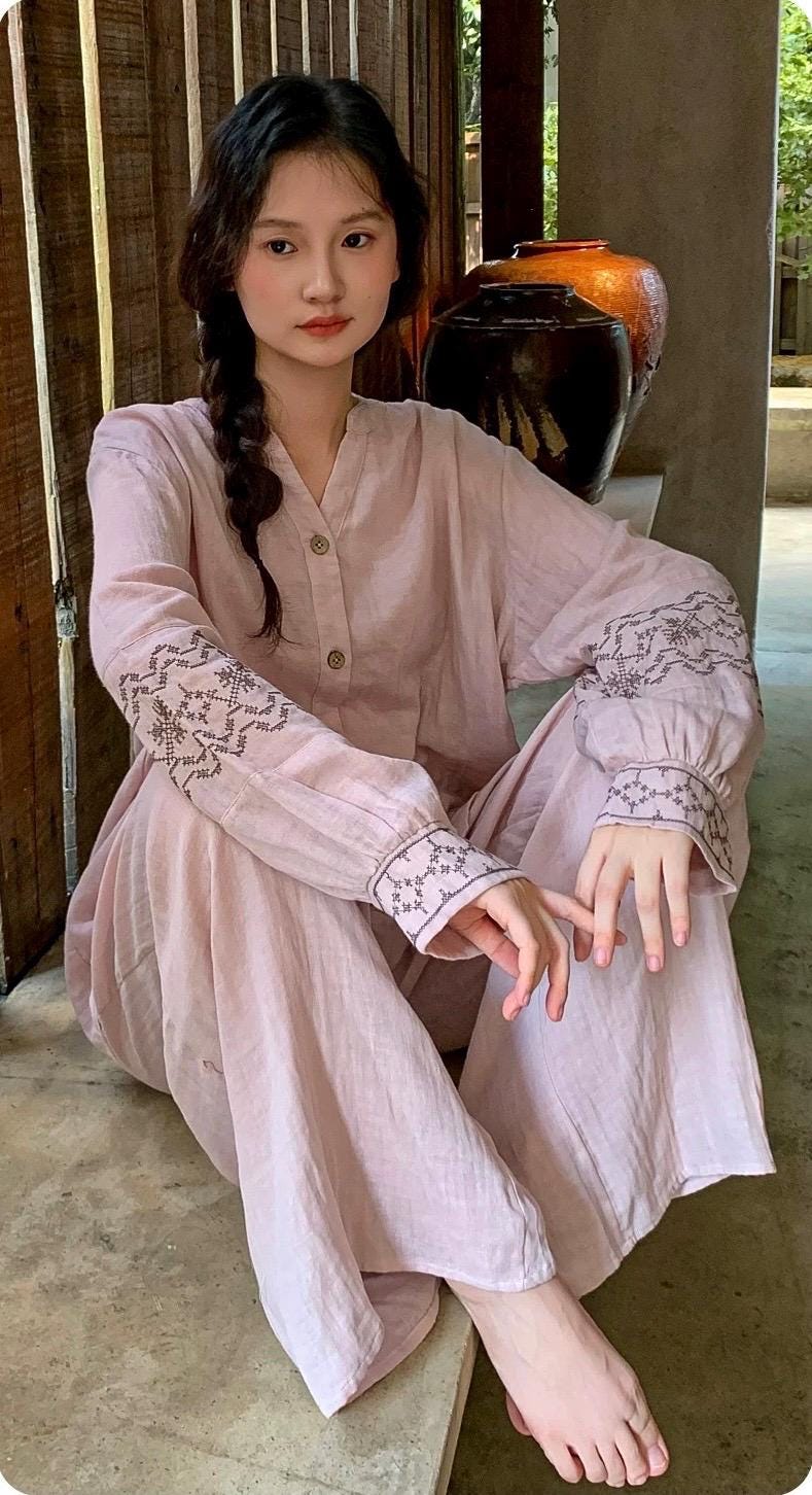 Muslin Cotton Pajamas Set for Women | 100% Cotton Gauze Loungewear with Embroidered Sleeves | Breathable Homewear | Christmas Sleepwear Gif
