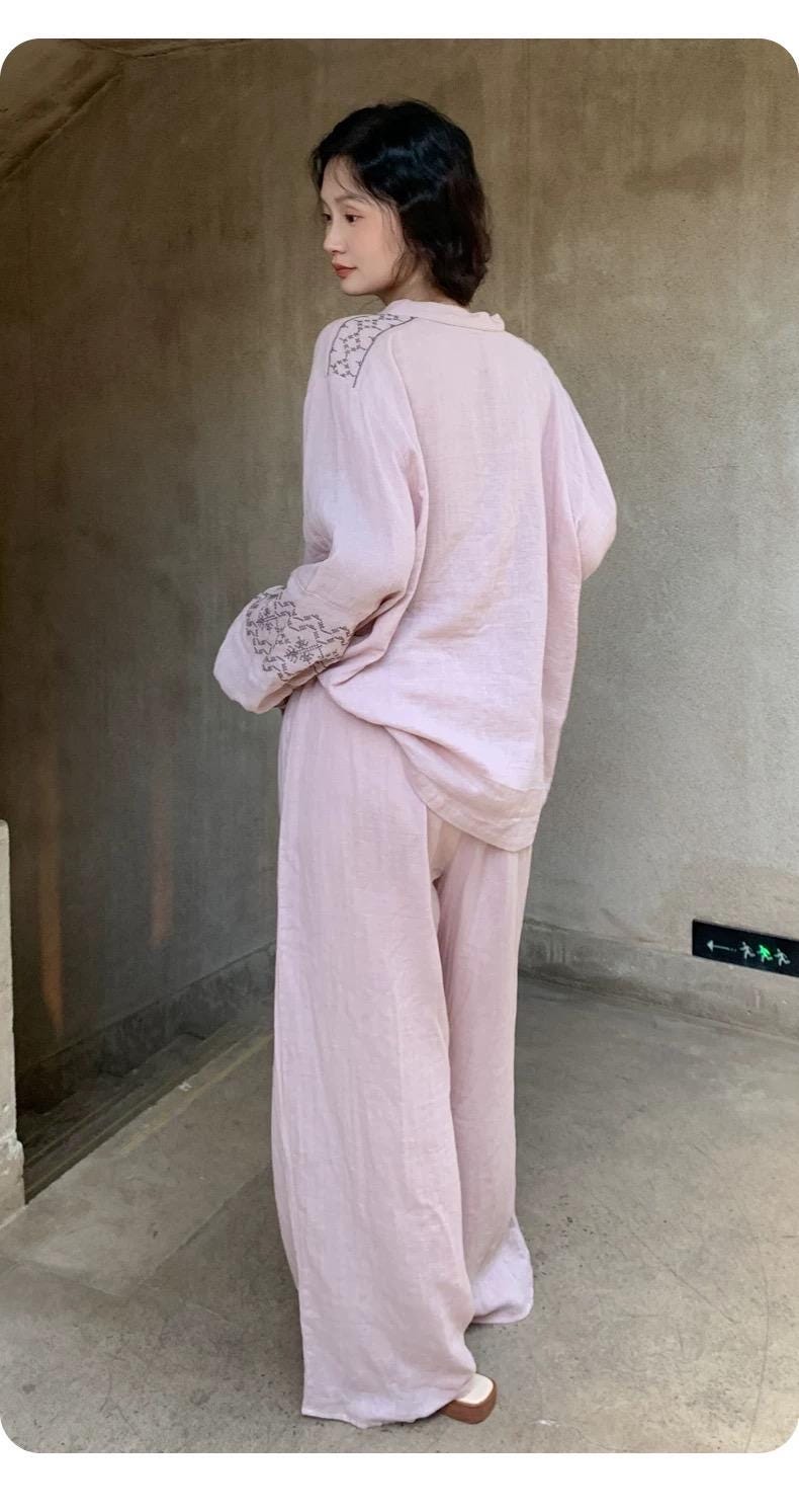 Muslin Cotton Pajamas Set for Women | 100% Cotton Gauze Loungewear with Embroidered Sleeves | Breathable Homewear | Christmas Sleepwear Gif