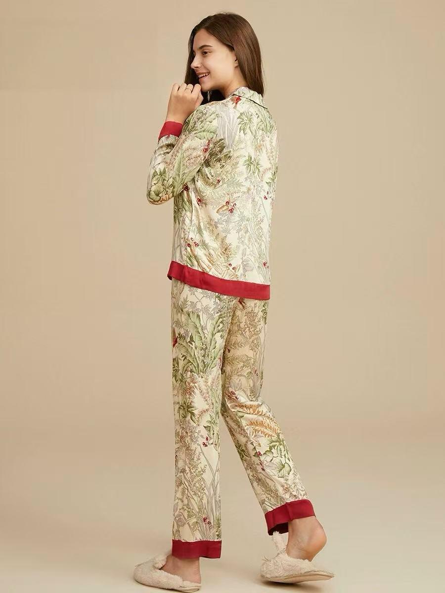 Luxury Satin Silk Pajama Set: Floral Long Sleeve Sleepwear, Christmas Party Pyjamas