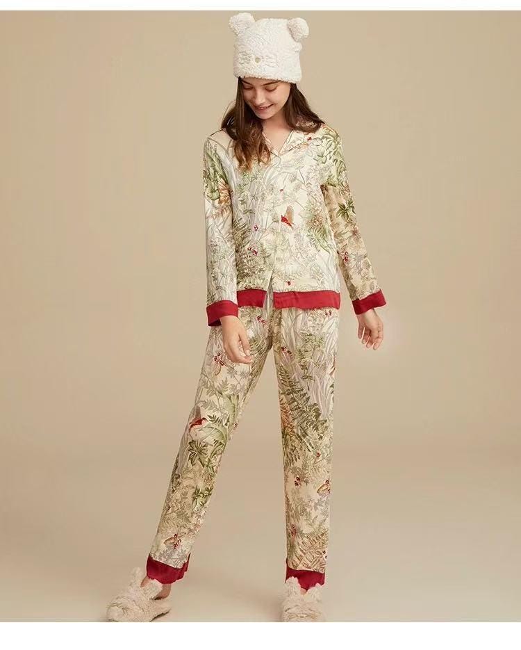 Luxury Satin Silk Pajama Set: Floral Long Sleeve Sleepwear, Christmas Party Pyjamas