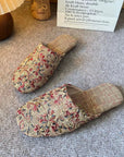 Embroidered Linen Slippers for Women | Vintage Floral House Shoes | Soft Indoor Mules in Beige, Blue, Red | Gift for Her