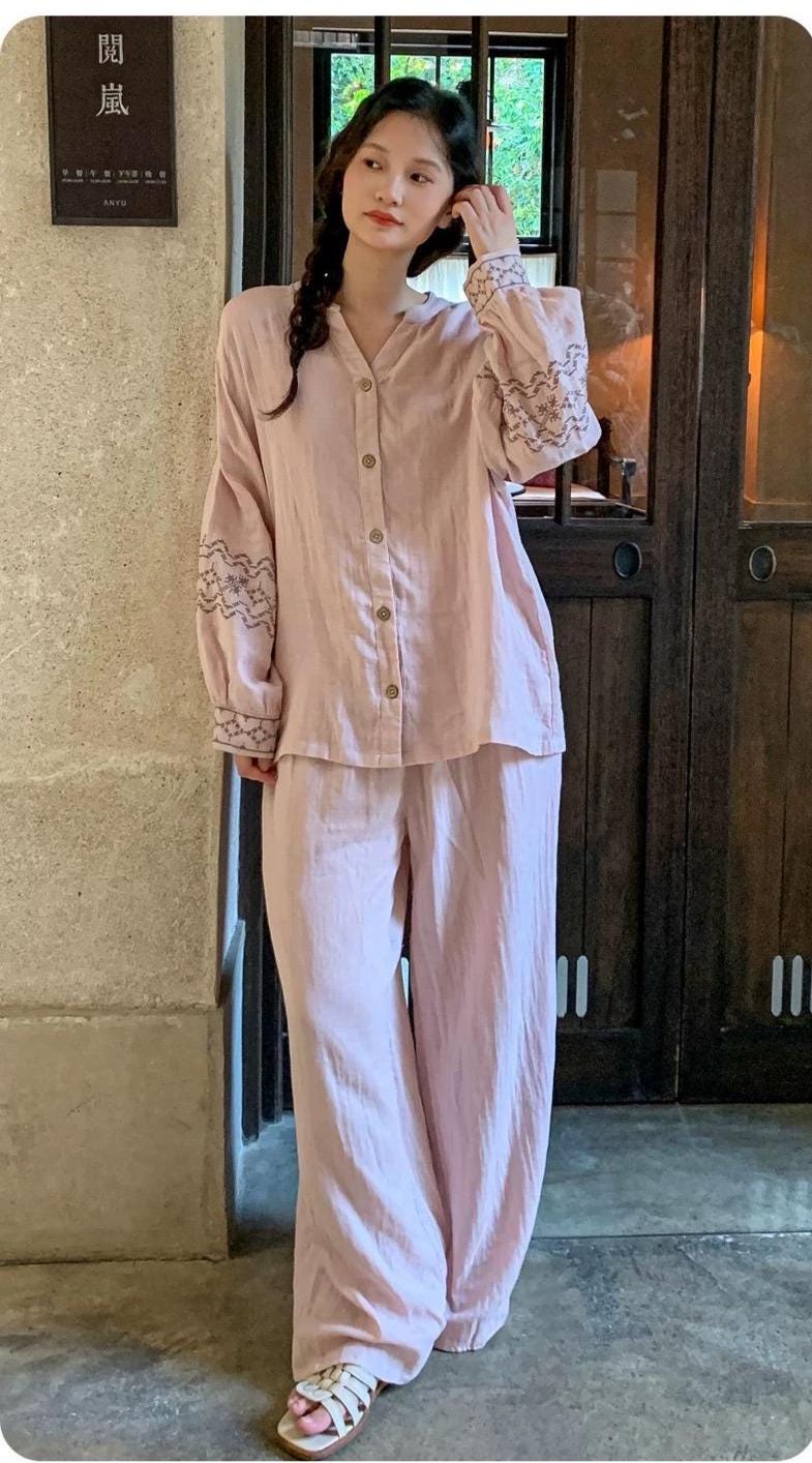 Muslin Cotton Pajamas Set for Women | 100% Cotton Gauze Loungewear with Embroidered Sleeves | Breathable Homewear | Christmas Sleepwear Gif
