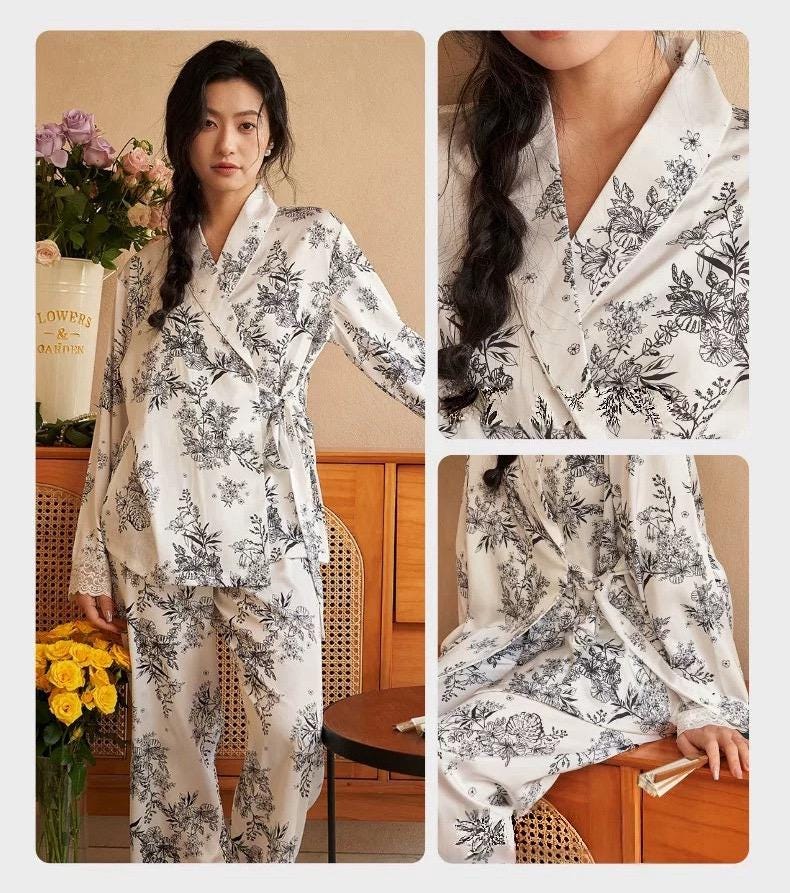 Luxury Oriental Style Silky Pajamas for Summer – Elegant Floral Loungewear with Lace Trim – Women Loungewear | Silk Kimono Robe