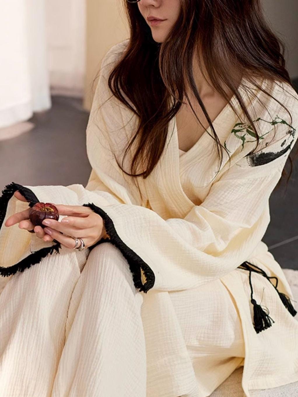 Kimono Style Cotton Loungewear Set – Bamboo Embroidered Gauze Pajamas for Women, Soft 2-Piece Sleepwear, Relaxed Fit Pyjamas, Gift for Her
