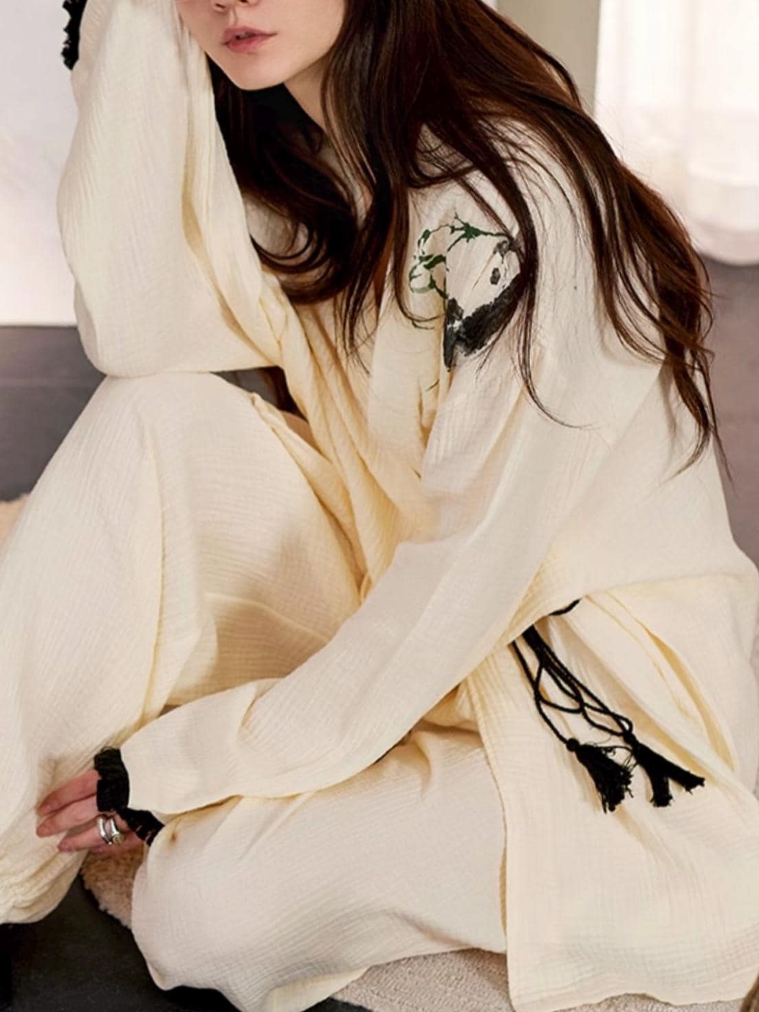 Kimono Style Cotton Loungewear Set – Bamboo Embroidered Gauze Pajamas for Women, Soft 2-Piece Sleepwear, Relaxed Fit Pyjamas, Gift for Her