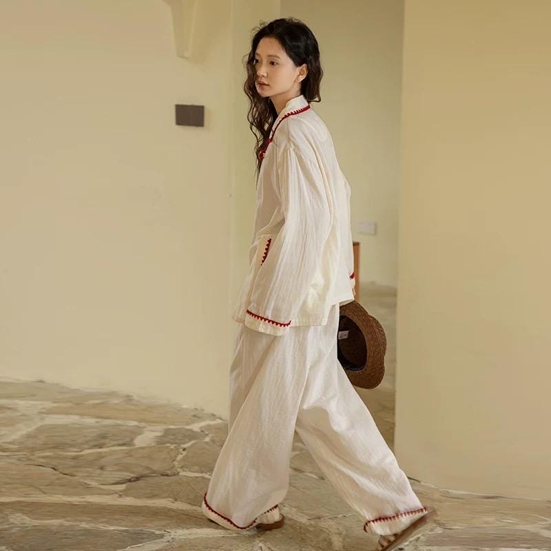 Red Trim Cotton Gauze Pyjama Set