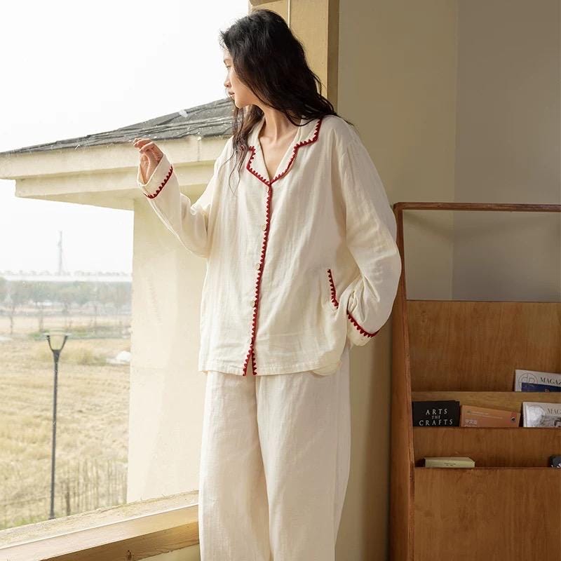 Red Trim Cotton Gauze Pyjama Set