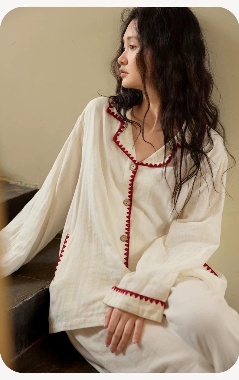 Red Trim Cotton Gauze Pyjama Set