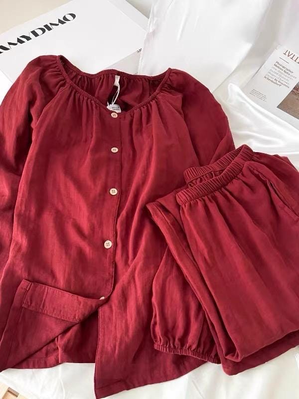 Muted Red Gauze Cotton Pajamas: Two Collars Type | 2025 Christmas Pyjamas | Gift-Ready Organic Loungewear Set