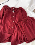 Muted Red Gauze Cotton Pajamas: Two Collars Type | 2025 Christmas Pyjamas | Gift-Ready Organic Loungewear Set