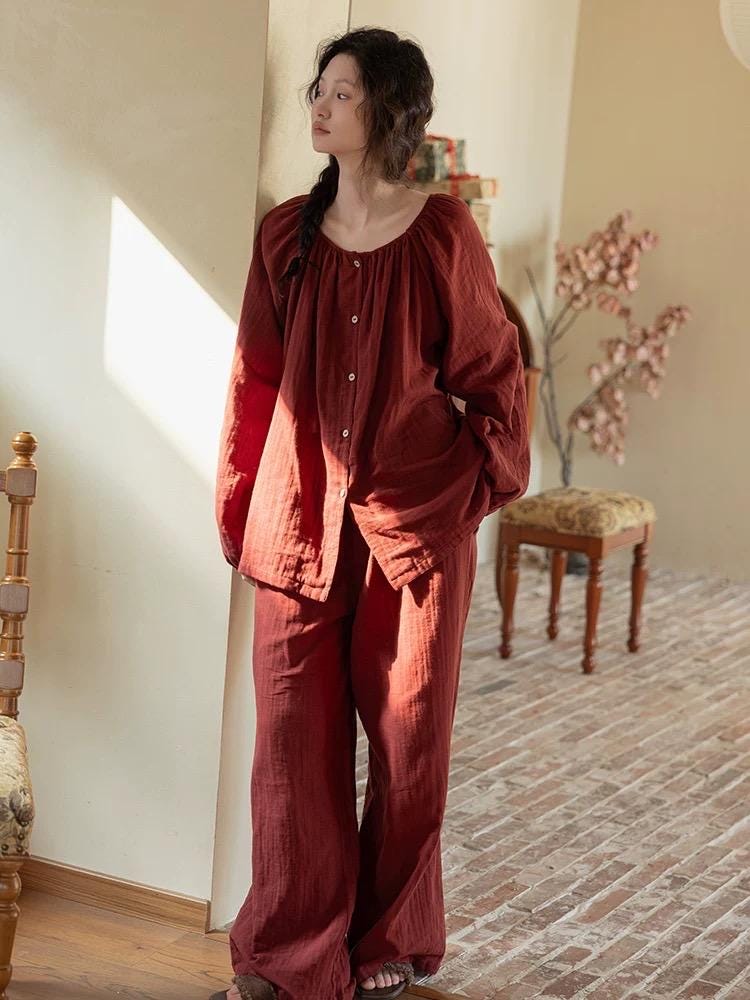 Muted Red Gauze Cotton Pajamas: Two Collars Type | 2025 Christmas Pyjamas | Gift-Ready Organic Loungewear Set