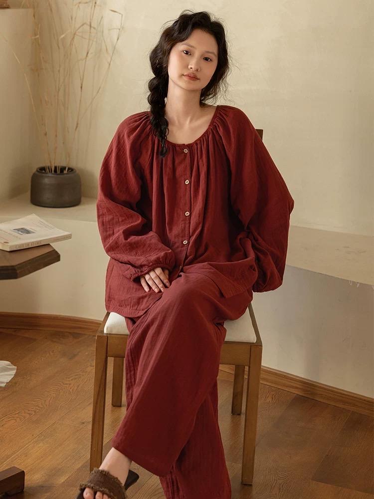 Muted Red Gauze Cotton Pajamas: Two Collars Type | 2025 Christmas Pyjamas | Gift-Ready Organic Loungewear Set