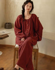 Muted Red Gauze Cotton Pajamas: Two Collars Type | 2025 Christmas Pyjamas | Gift-Ready Organic Loungewear Set