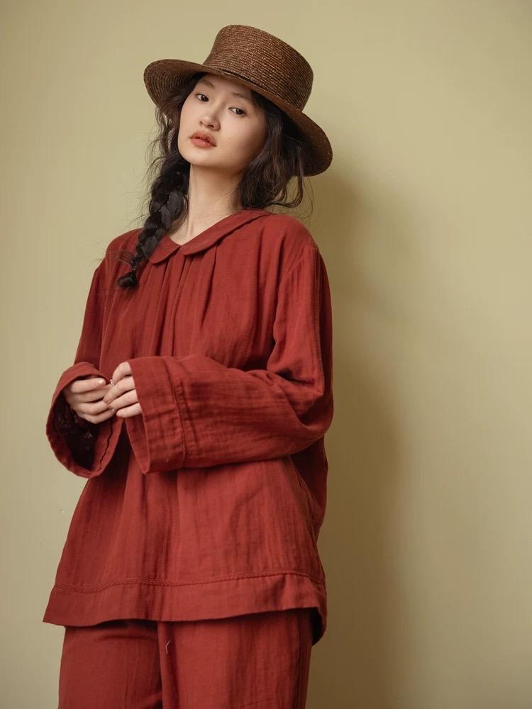 Muted Red Gauze Cotton Pajamas: Two Collars Type | 2025 Christmas Pyjamas | Gift-Ready Organic Loungewear Set