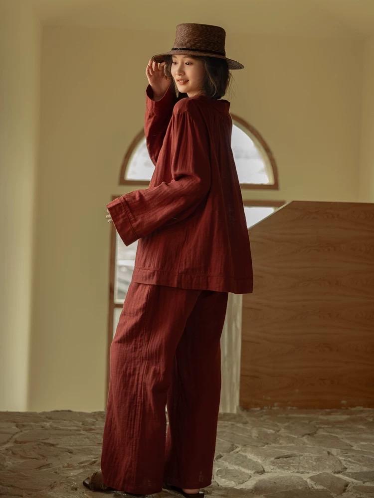 Muted Red Gauze Cotton Pajamas: Two Collars Type | 2025 Christmas Pyjamas | Gift-Ready Organic Loungewear Set